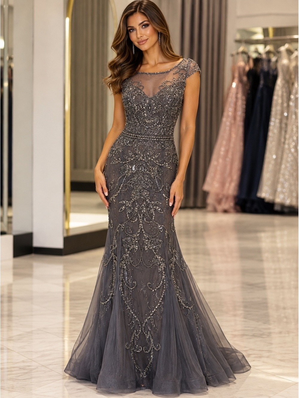 Ivonne D 117D66 size 8 Beaded Evening Gown with Sheer Cap Sleeves and Mermaid